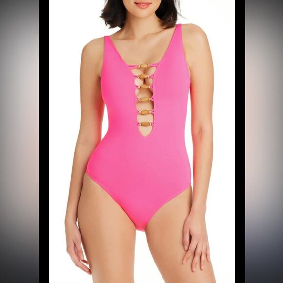 Bleu By Rod Beattie Kore Beaded Lace-Up Vibrant Pink One Piece Swimsuit Size 6 - Picture 1 of 7
